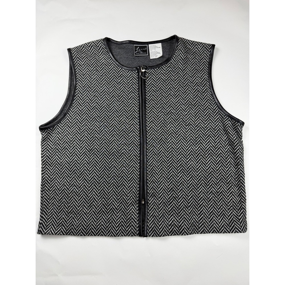 Lennie for Nina Leonard Womens Herringbone Zip Front Knit Vest Black White L